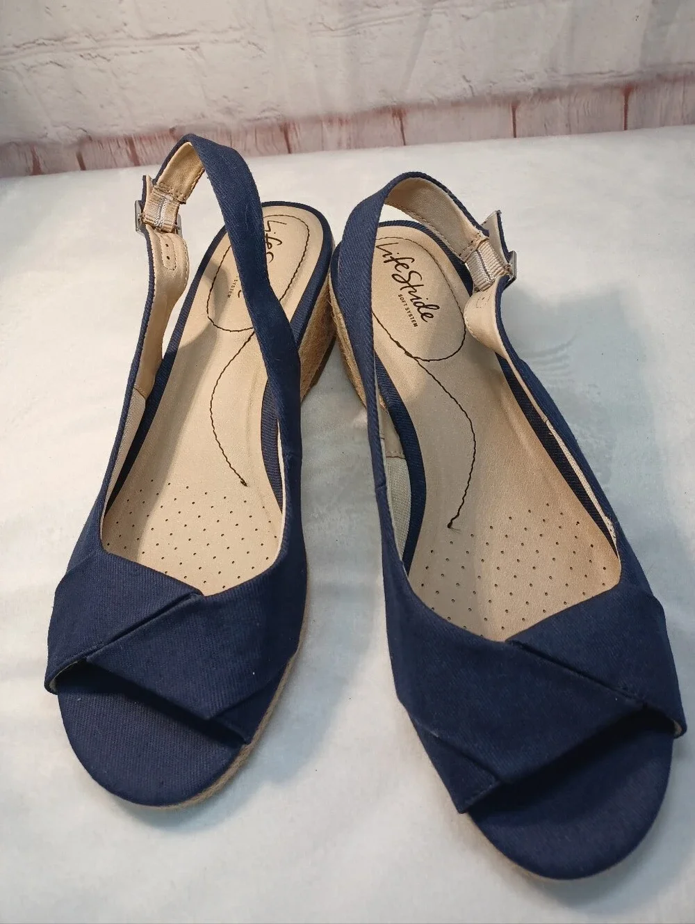 lifestyle navy espadrille wedge sandals slingback peep toe women's 10w